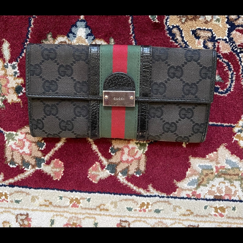Gucci Brown Monogram Wallet with Green and Red Web Stripe